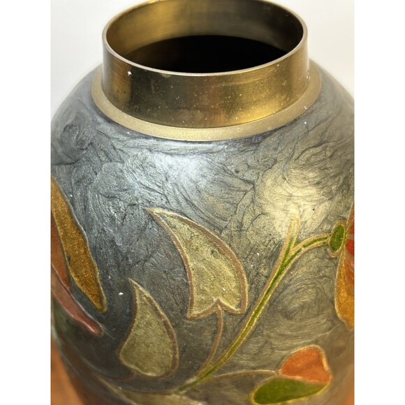 Large Vintage Brass & Enamel Cloisonné Painted Vase Pink Floral 11.5” Tall READ - Picture 5 of 9